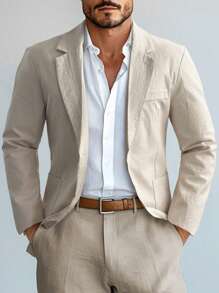 Calvornis 男士休闲百搭简约纯色西装外套，男士亚麻休闲西装外套 - 白色 - 查看 1