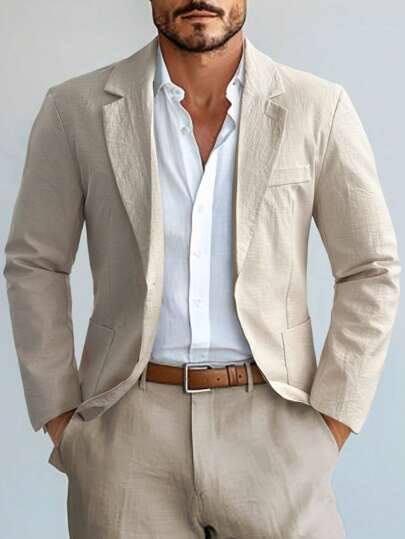 Calvornis 男士休闲百搭简约纯色西装外套，男士亚麻休闲西装外套