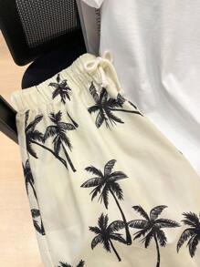 SHEIN Set de 2 piezas de pantalón corto y camiseta de manga corta informal para adolescentes, estilo callejero, punk, rock, universidad, para uso diario, fiestas, festivales de música, adecuado para primavera y verano, con estampado de palmeras, shorts de playa, tropical - Blanco - Ver 5