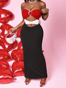 BamGleam Fashionable Sexy Contrast Color Splice Hollow-Out Bandeau Dress - Multicolor - View 1