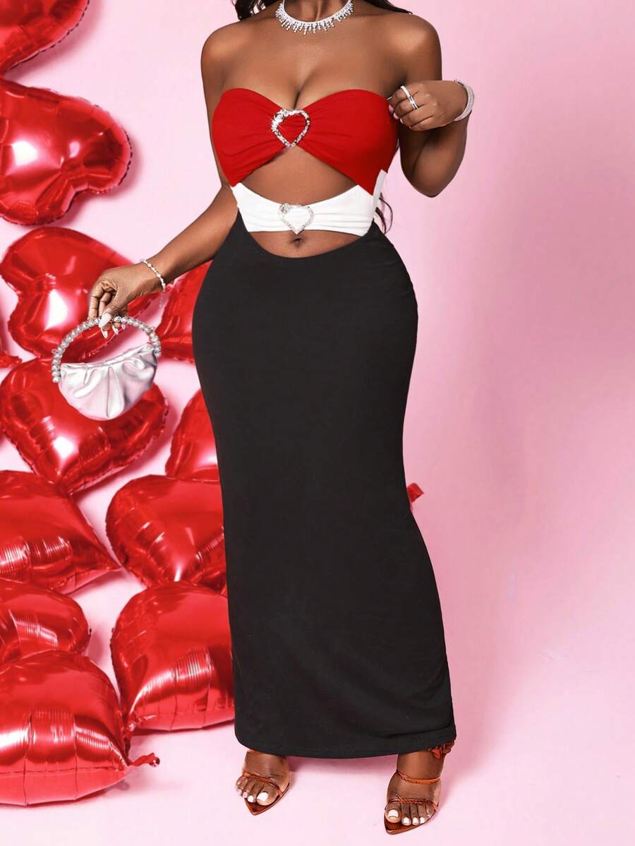 BamGleam Fashionable Sexy Contrast Color Splice Hollow-Out Bandeau Dress - Multicolor - View 1