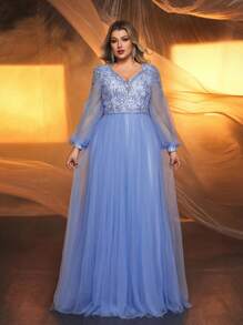 Glamrae Plus Size Elegant Romantic Light Blue Luxury Rhinestone Pearl Embroidery Decoration Mesh See-Through Long Sleeve Large A-Line Formal Dress, Suitable For Parties, Celebrations And Get-Togethers