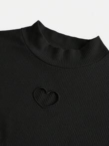 SHEIN Girlism 少女镂空心形刺绣高领褶饰长袖 T 恤 - 黑色 - 查看 5