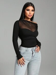 VaVaBold Sexy Black Asymmetric Shoulder Mesh Patchwork Ruched Women's Bodysuit Fall Cloth For Women - Black - View 5