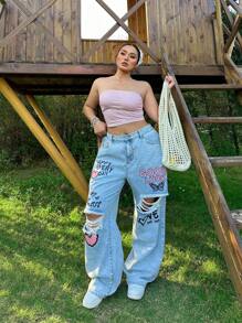 SHEIN MOD Pantalones vaqueros azules rectos y holgados de talla grande con efecto desgastado