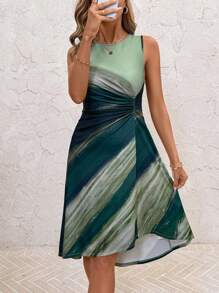 Ellevyn 女士优雅扎染条纹腰部褶饰中长款 A 字形无袖连衣裙 - 彩色 - 查看 5