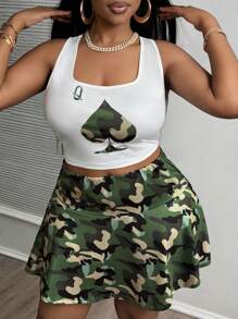 Slaydiva Casual U-Neck Camouflage Heart Q Printed Vest Camouflage Mini A-Line Skirt Women's Plus Two-Piece Set,Holiday Outfits