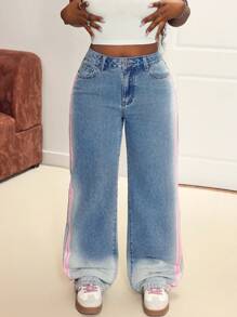 SHEIN Slayr Jeans rectos de pierna suelta con estilo casual y estadounidense para mujeres - Azul lavado medio - Ver 1