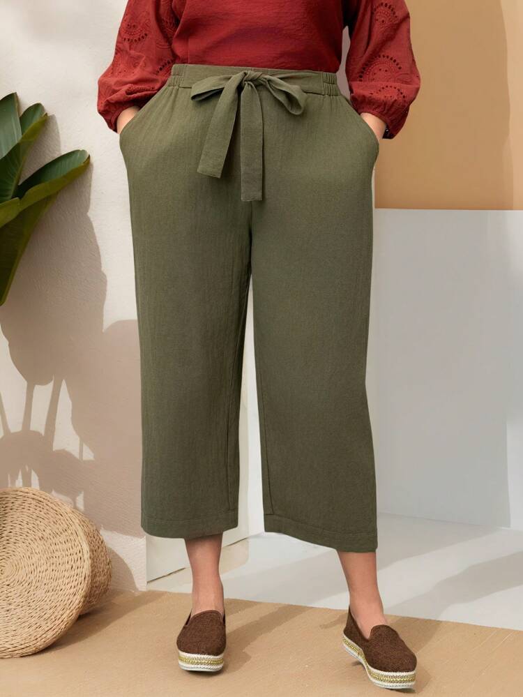 Plus Size Solid Color Front Tie Pocket Minimalistic Casual Long Pants For Everyday Wear