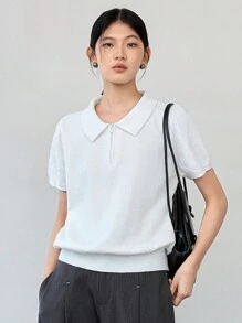 Dazy-Less Damen weite minimalistische Business Lässig Halb-Reißverschluss Kurzarm Pullover Old Money - Beige - Übersicht 1