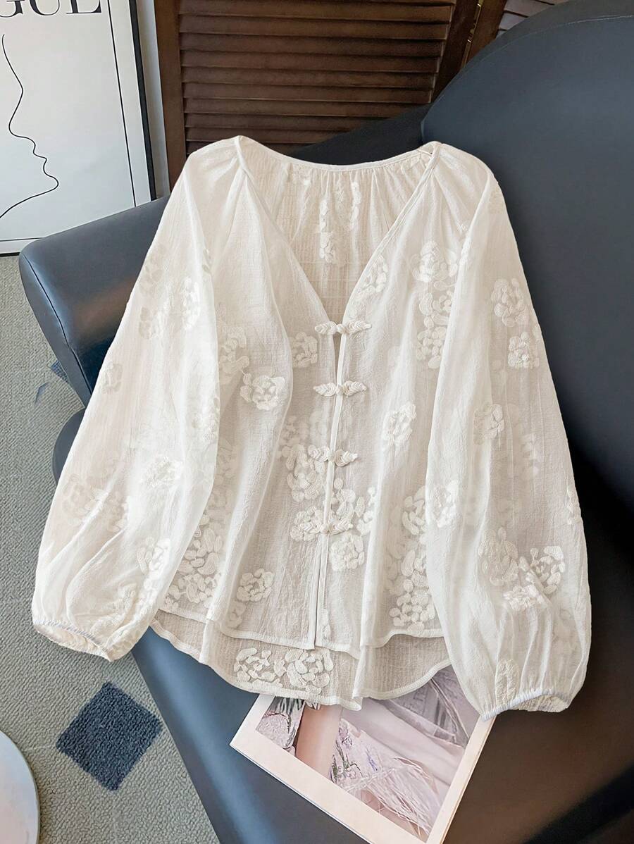 SHEIN Women Jacquard Blouse, Solid Color Casual Versatile For Daily Wear Fall Cloth For Women - White - View 1