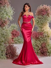 Glamrae Váy dài đuôi cá bằng vải satin nhún bèo trễ vai đính đá màu hồng cánh sen sang trọng và thanh lịch, váy dự tiệc cưới, phù hợp cho đám cưới, tiệc tùng, kỳ nghỉ, dạ hội, sự kiện trang trọng, váy dự tiệc, váy dạ hội - Màu Hồng Tươi - Xem 4