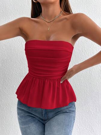 SHEIN PETITE Damen rote geraffter Peplum-Cropped-Top mit offenem Rücken