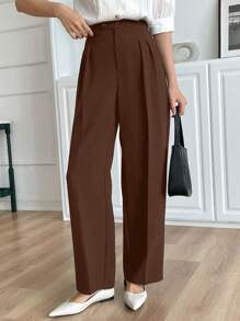 DAZY Casual Plain Solid Color Long Pants, Simple Fashionable Everyday Business Style,Women Dress Pants - Brown - View 4