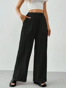 SHEIN Tall Cotton Loose Texture Wrinkle Fabric Drawstring Waist Long Pants - Black - View 7
