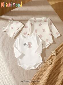 Newborn Baby 2pcs Cute Bear Print Long Sleeve Bodysuit With Hat And Mittens, White Background - Multicolor - View 1