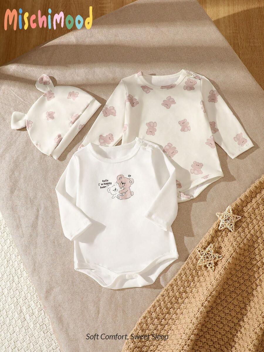 Newborn Baby 2pcs Cute Bear Print Long Sleeve Bodysuit With Hat And Mittens, White Background - Multicolor - View 1