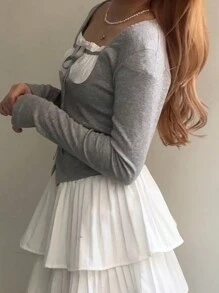 DAZY Women Contrast Color Patchwork 2 In 1 Wrap Short Long Sleeve T-Shirt, Grey, Spring/Summer/Autumn - Grey - View 2