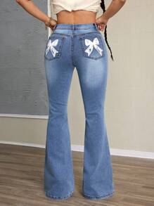 SHEIN SXY Casual Cute Printed Women's Flare Denim Jeans - Blue - View 1