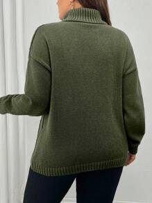 SHEIN Unity Plus Size Women Turtleneck Sweater, Rhombus Plaid Beaded Casual Pullover For Autumn/Winter - Army Green - View 2