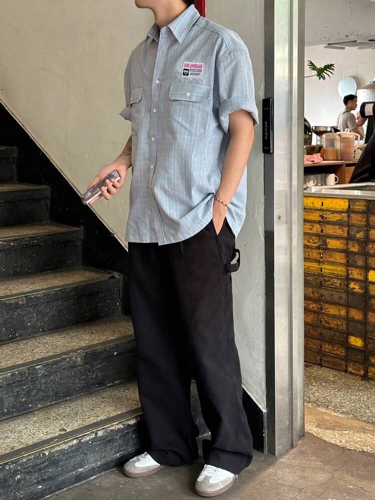 DAZY 男士蓝白条纹标签短袖衬衫，夏季 - 藍色 - 查看 3