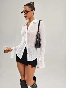 SHEIN BAE Women Casual Plain Textured Long Sleeve Blouse - White - View 5
