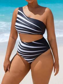 SHEIN Swim Curve Conjunto de 2 piezas de traje de baño de tallas grandes para mujer en verano, con tirantes, estampado de rayas y lunares, traje de baño de moda