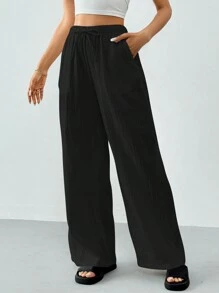 SHEIN Tall Cotton Loose Texture Wrinkle Fabric Drawstring Waist Long Pants - Black - View 2