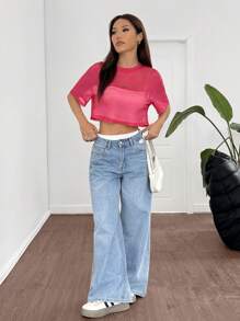 SHEIN EZwear Fuchsia Pink Mesh Relaxed Fit Round Neck Short Sleeve Casual Top For Women - Hot Pink - View 6