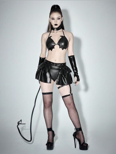 Grunge Punk Women's Sexy Punk PU Fabric Eyelet Waist A-Line Valentine's Day Mini Skirt