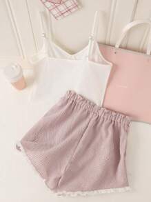 SHEIN 少女时尚休闲舒适白色罗纹和浅紫色格子拼接白色花卉印花吊带背心和短裤 2 件套睡衣套装 - 彩色 - 查看 2