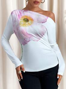 Lavishia Camiseta de manga larga con hombros abiertos, ajustada y fruncida con estampado floral, elegante y casual para primavera/verano