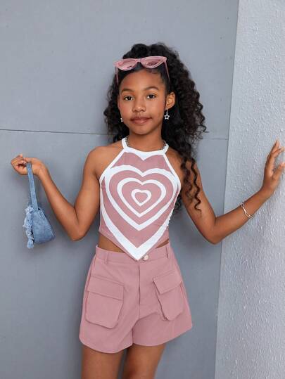 SHEIN Tween Girl 街头风格心形印花吊带上衣和短裤套装