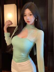 DAZY 派对和返校蕾丝拼布镂空长袖衬衫 T 恤女士情人节 - 薄荷綠 - 查看 6