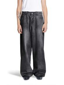 Chillumni Men's Faded Light Blue Baggy Jeans - Light Grey - View 5