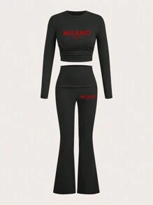 Slaydiva 2-teiliges Set für Frauen mit Mailand-Slogan Rundhalspullover mit langen Ärmeln und Crop-Top sowie hochsitzender, weit geschnittener/ausgestellter Hose, geeignet für Frühling/Herbst