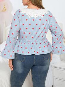 Franclia Blusa de mujer talla grande con cuello de encaje, lazo frontal y volantes con estampado de corazones para el Día de San Valentín