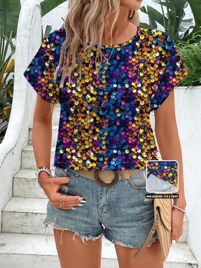 Glamance Warp Atelie Women Multicolor Blouses Cap Sleeve Round Neck Boho All Over Print,Plain Summer Outfits For Women Summer Tops Going Out