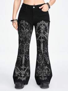 ROMWE Grunge Punk Spring/Summer Black Graphic Plus Size Rock Punk Gothic Skull & Vine Print Distressed Flare Leg Jeans - Black - View 1