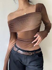 Aloruh Women's Elegant Sexy Vintage Asymmetric Oblique Collar Long Sleeve Tie-Dye Print Top, Autumn/Winter - Multicolor - View 6