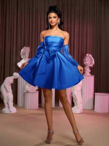 SHEIN Belle Vestido de invitada de boda elegante y romántico con detalles en satén azul, hombros descubiertos, manga larga transparente, gran lazo decorativo y volante, adecuado para fiesta de soltero, San Valentín, cita, festival de música, boda, baile de graduación - azul real - Ver 2