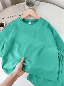 SHEIN LMoss Kids LMoss Tween 女童纯色针织圆领宽松短袖 T 恤和短裤休闲装 - 薄荷藍 - 查看 4