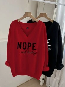 SHEIN LUNE 2pcs/Set Plus Size V-Neck Loose "NOPE" Letter Graphic Sweatshirt, Suitable For Autumn & Winter Autumn And Winter Fall - Multicolor - View 1