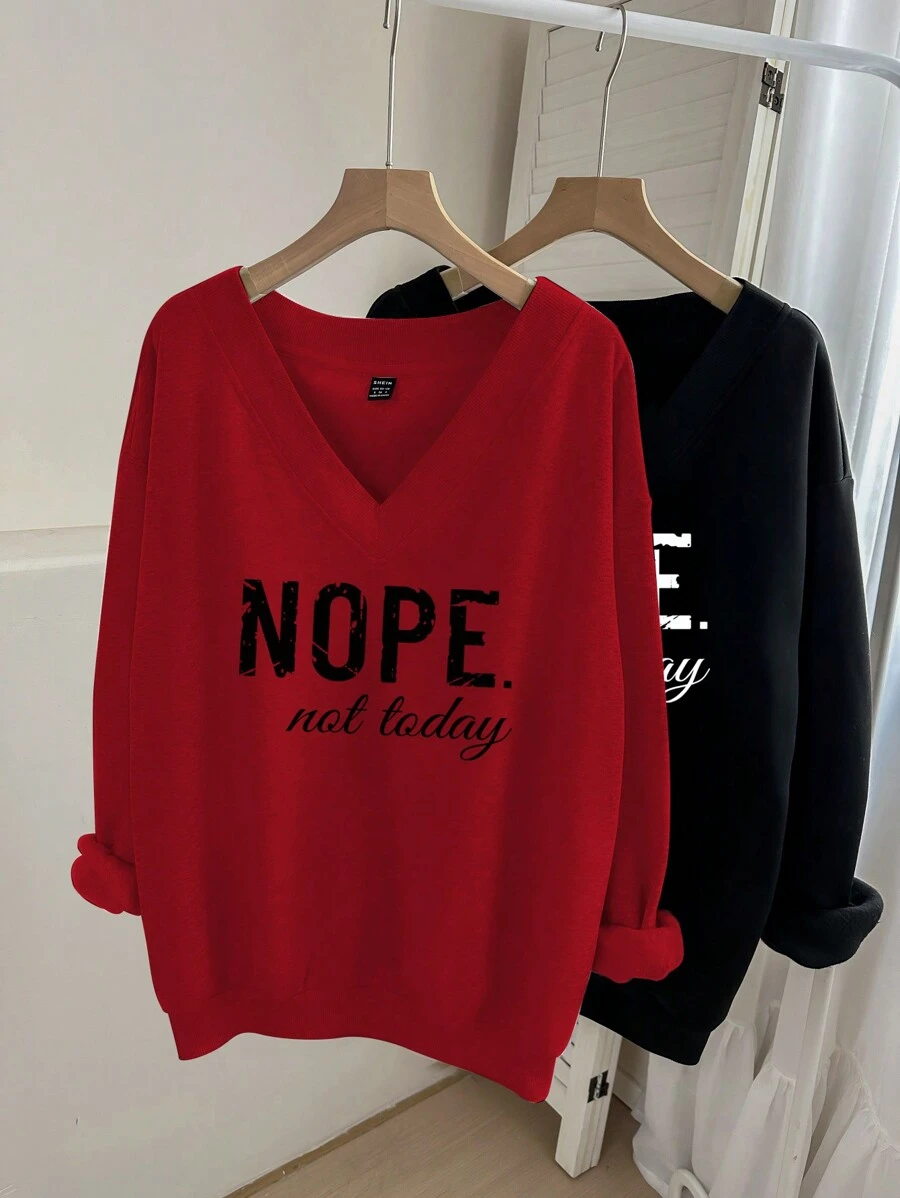 SHEIN LUNE 2pcs/Set Plus Size V-Neck Loose "NOPE" Letter Graphic Sweatshirt, Suitable For Autumn & Winter Autumn And Winter Fall - Multicolor - View 1