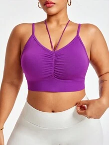 Easithlete Brassière de sport sans couture élastique et ajustée aux bretelles fines pour femmes en grande taille, de couleur unie - Rose vif - Voir 4
