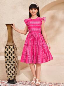 SHEIN Leap Crew Tween 女童度假休闲腰带花卉复古图案圆领盖袖 2 件上衣和裙子套装 - 粉色 - 查看 4