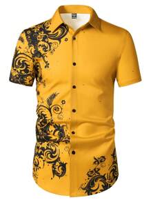 Manfinity Homme Men's Casual Retro Print Short Sleeve Button-Down Shirt (Abstract Floral Print) - Yellow - View 2