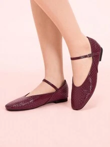 CUCCOO DOLLMOD 酒红色圆头芭蕾平底鞋，带可调节绑带，舒适一脚蹬日常休闲乐福鞋，适合女士