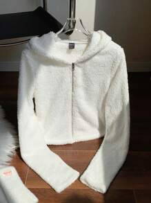 SHEIN EZwear 女士纯色长袖短款休闲连帽夹克，秋冬新品 - 白色 - 查看 4