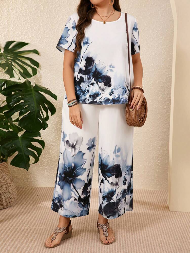 Plus Size Floral Print Short Sleeve Top And Pants 2 Pieces Set, Casual Holiday Outfit,Boho For Women/Summer,Vacation Outfits Woman